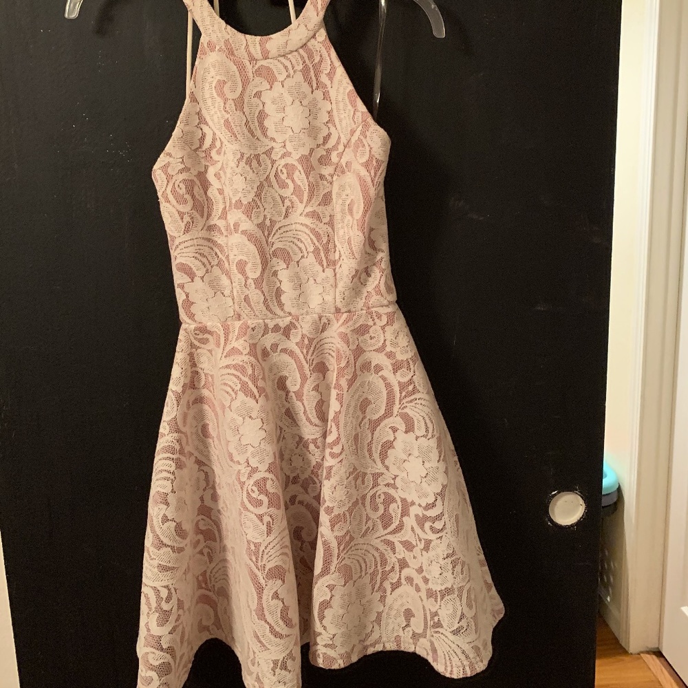 pink and white lace skater dress